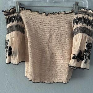 Xhilaration Smocked Off-Shoulder Crop Top - Cream and Black Floral Pattern XS